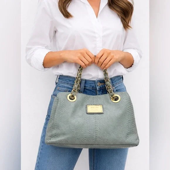 Nicole Miller Faux Leather Snakeskin Slouch Bag Chain Strap Teal - Picture 1 of 15